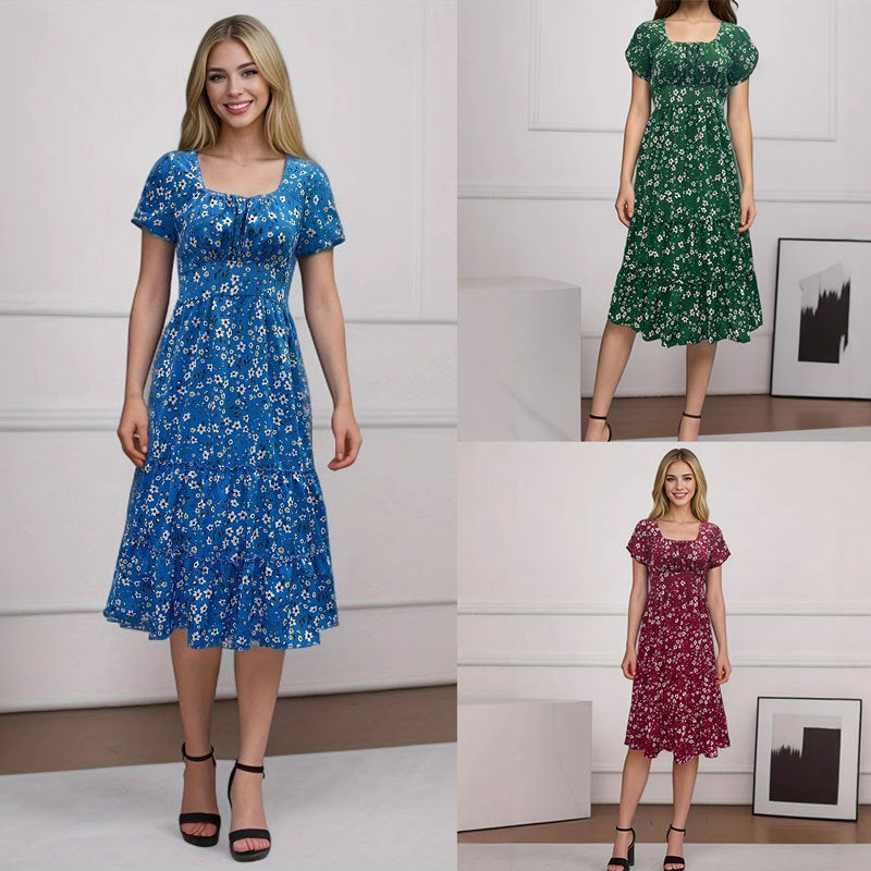 Maxiklänning Dam Blommig A-linjeformad Polyester med Kvadrat Halsringning och Puffärmar-2