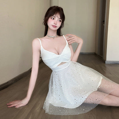 Damklänning Spaghetti Band V-ringad Kort Nätblandning-4