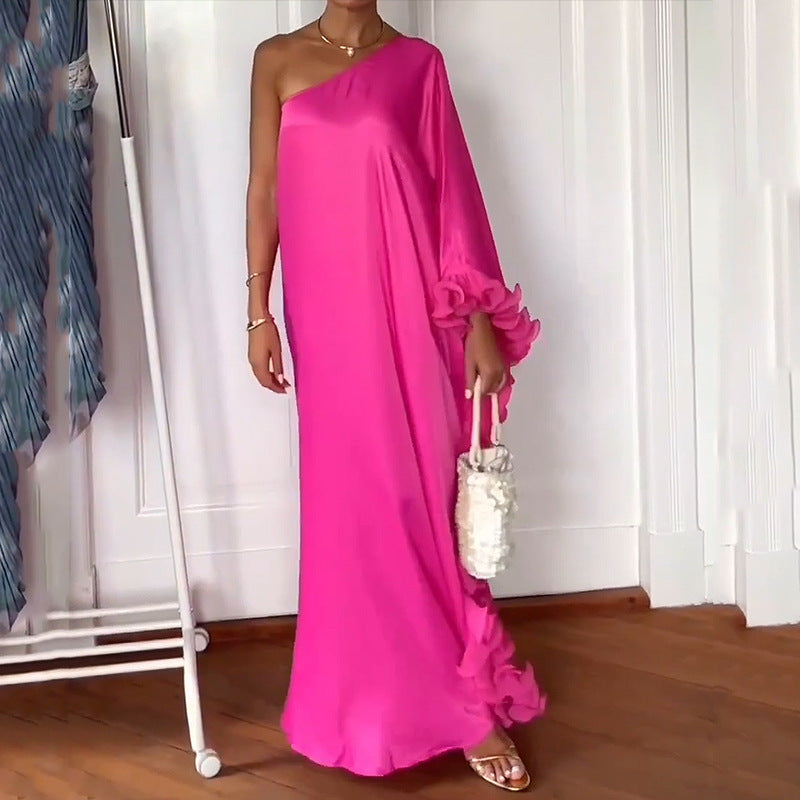 Kvinnors A-Linje Klänning En Axel Lång Ärmar Polyester-3