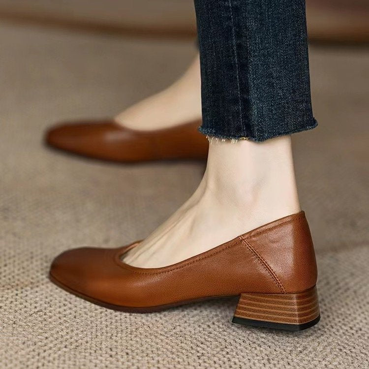 Kvinnor Ballerinas Blockhæl Mjukt Läder 3 cm Komfortable Skor-2