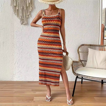 Fina Dam Klänningar Fyrkantig Randig Ärmlös Spandex Maxiklänning-4