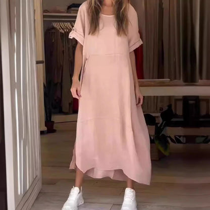 Fina Dam Klänningar Lång Kjol Kort Ärmar Bomull och Linne-2