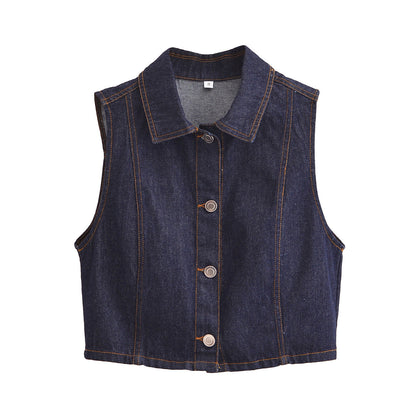 Dam Denim Väst med Knappkrage för Avslappnad Stil-1