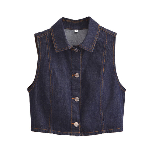 Dam Denim Väst med Knappkrage för Avslappnad Stil-1