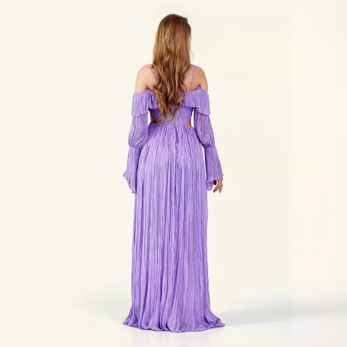 Kvinna Flared Klänning Öppen Rygg Polyester Långärmad-5