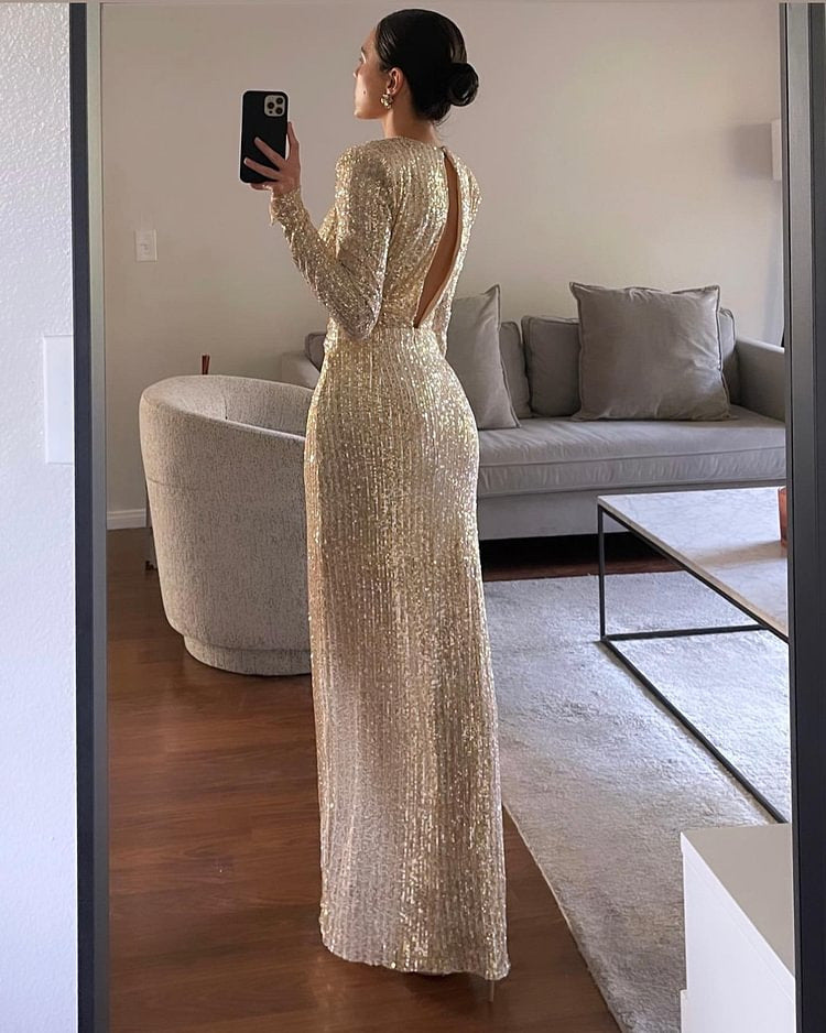 Kvinnors Lång Klänning Rygglös Polyester Elastan-3