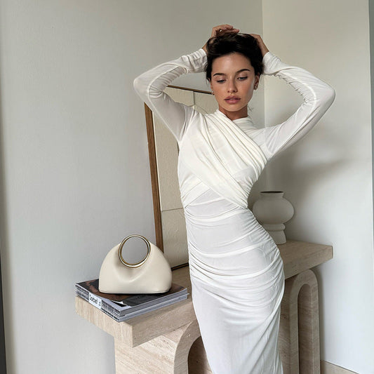 Dam Klänning Wrap Elegant Långärmad Andningsbart Material-1