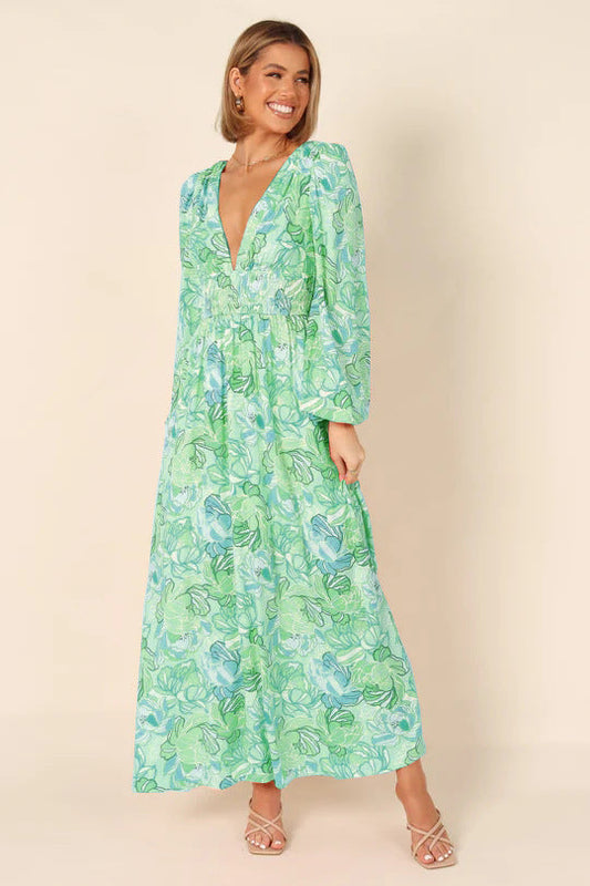 Långärmad A-linjeformad Klänning i Polyester med Tryckt Mönster – Elegant och Bekväm för Vardagsbruk och Fest 1