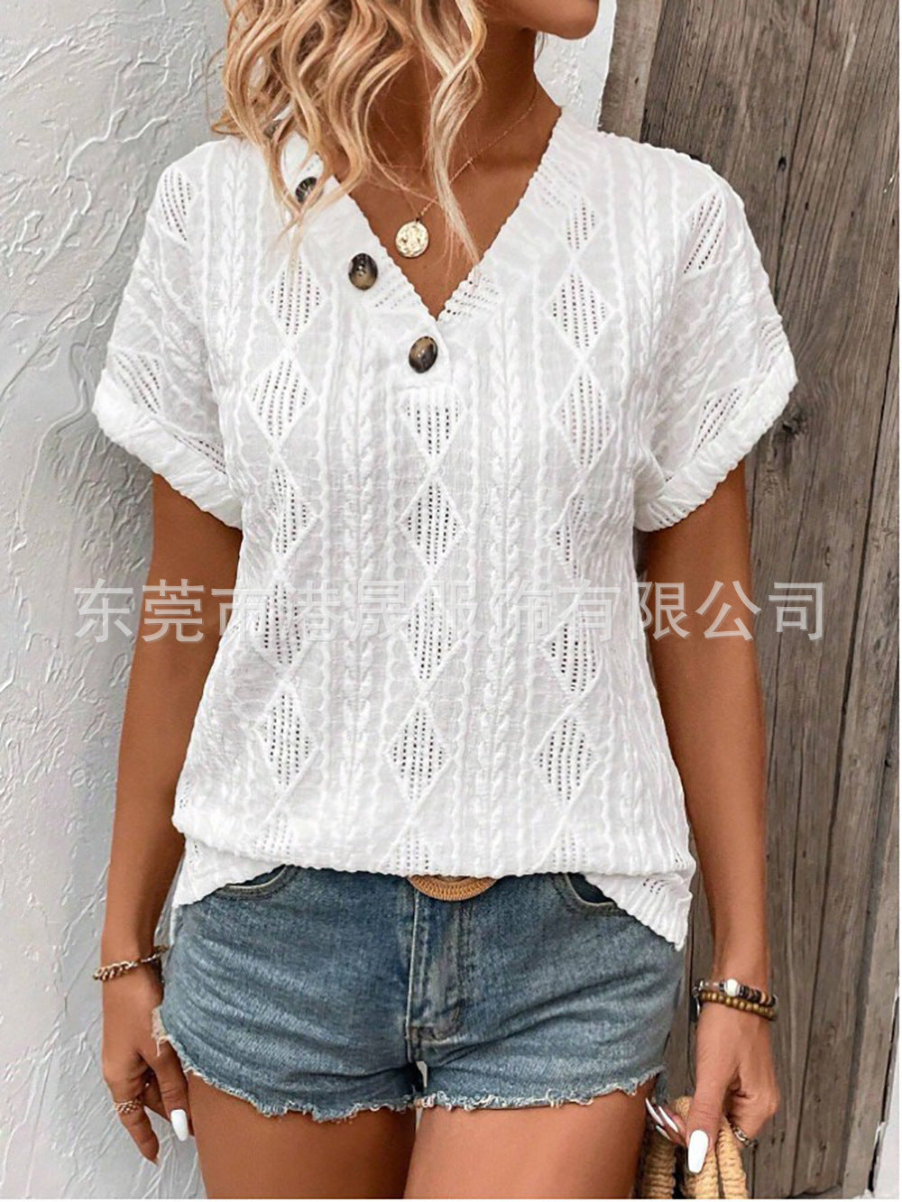 Dam T-shirt V-ringning Korta Ärmar Spets Geometrisk Mönster-1