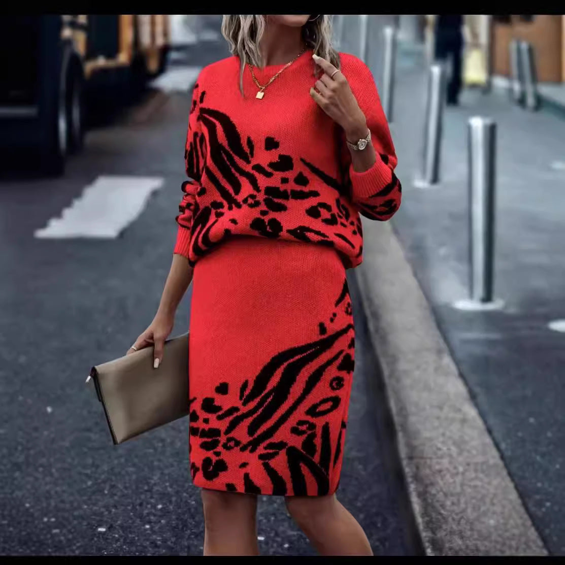 Variant image for Dam Stickad Tröja Jacquard Rund Hals Långa Ärmar Polyester-13