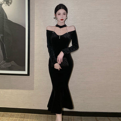 Kvinna Sjöjungfru Klänning Stropplös Långärmad Högkvalitativt Tyg-1