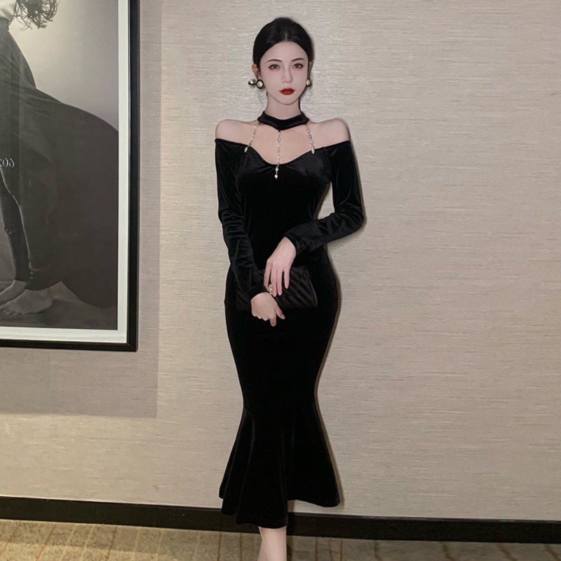 Variant image for Kvinna Sjöjungfru Klänning Stropplös Långärmad Högkvalitativt Tyg-1