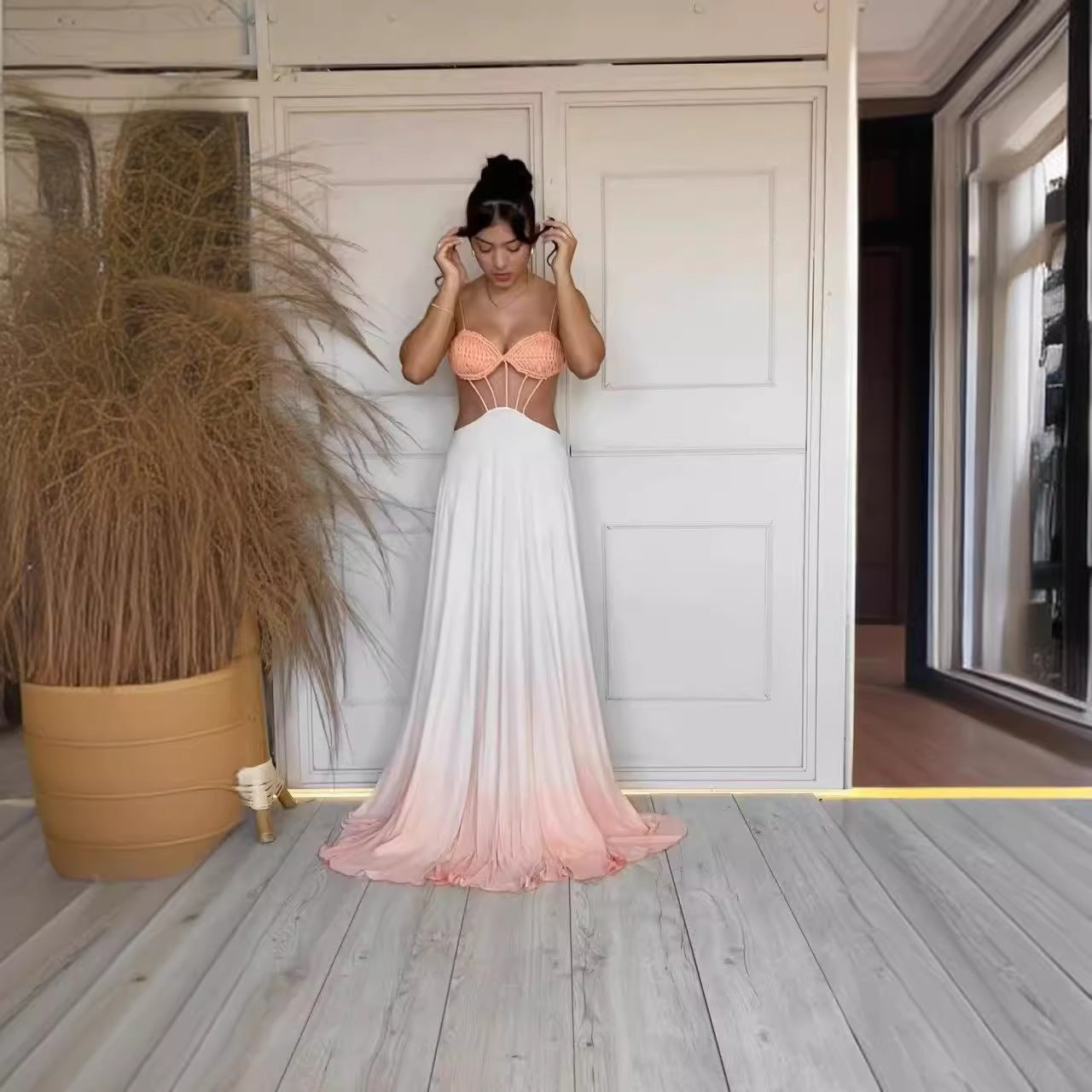 Fina Dam Klänningar Blommig V-Hals Lång Spaghetti Band Polyester-2