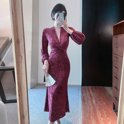 Kvinnors Midiklänning V-ringning Slim Fit Jacquard-3