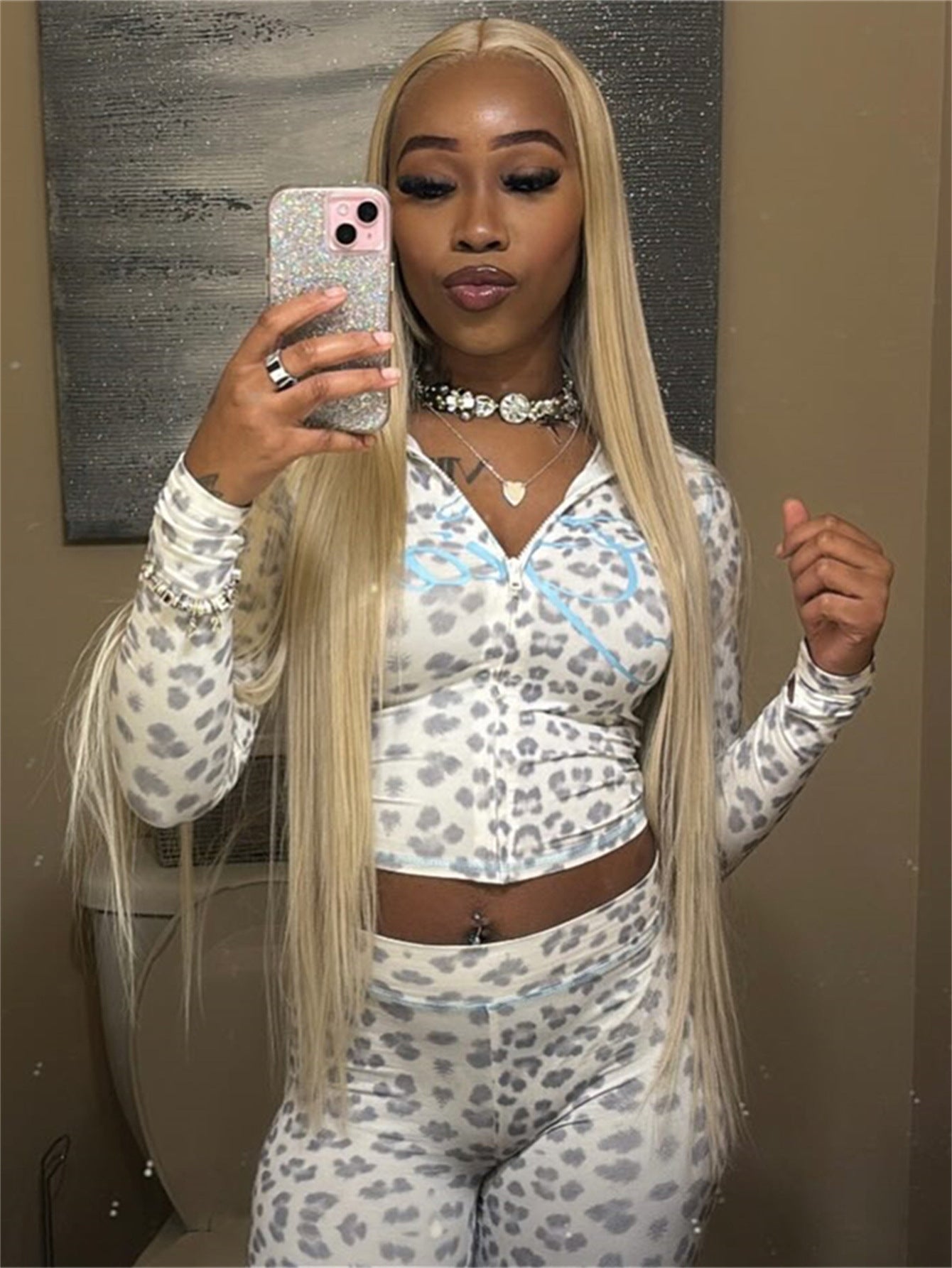 Variant image for Lång Kofta Dam Leopardmönster Mjölksilke Streetwear-4