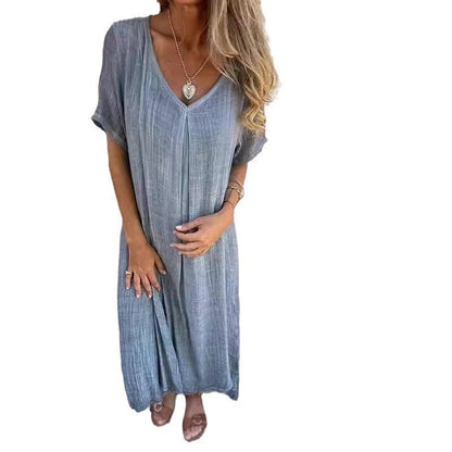 Dam Kort Klänning V-Hals Bomull och Linne Korta Festklänningar-6