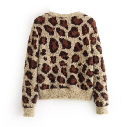 Dam Cardigan Leopardmönster Värmande Fleece Långärmad-2