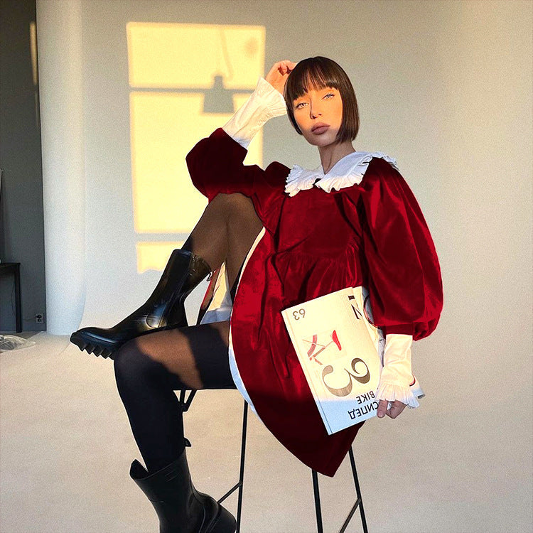 Kvinna Klänning Fransk Stil Dollkrage Högkvalitativt Tyg 4