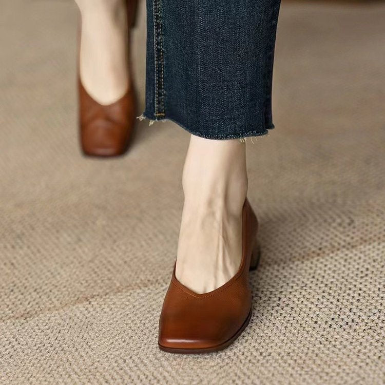 Kvinnor Ballerinas Blockhæl Mjukt Läder 3 cm Komfortable Skor-4