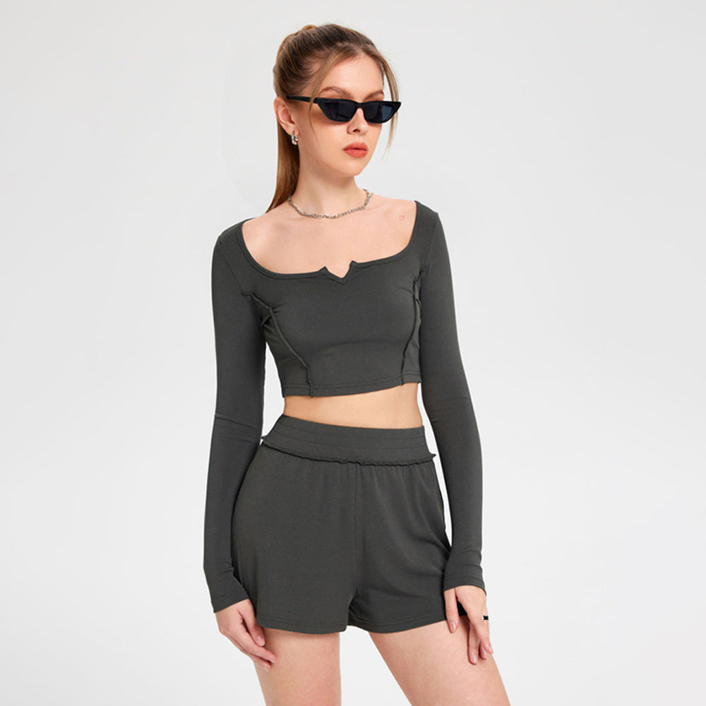 Dam Hemset Långärmad Topp och Tre-Fjärdedelsbyxor Polyester Avslappnad-3