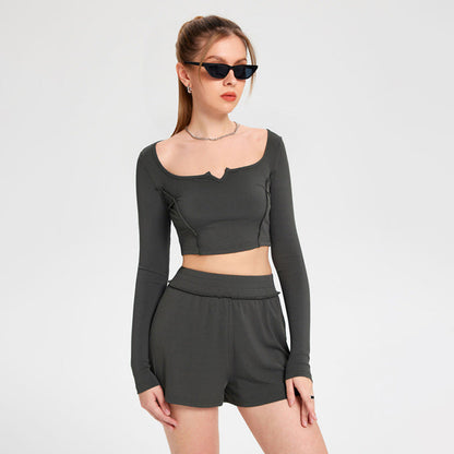 Dam Hemset Långärmad Topp och Tre-Fjärdedelsbyxor Polyester Avslappnad-3