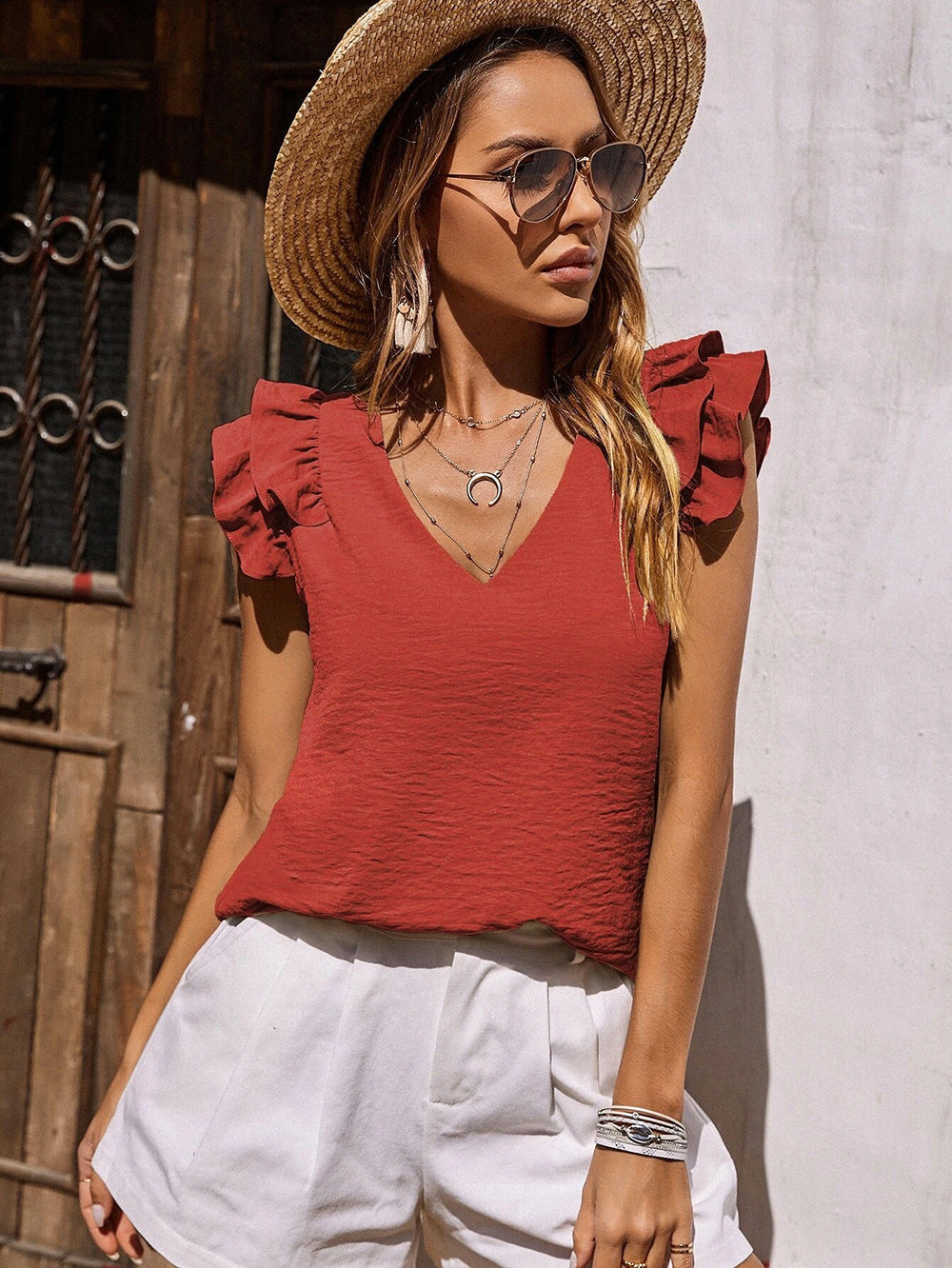 Dam T-shirt V-ringad med Rüschen Polyester Ärmlös-4