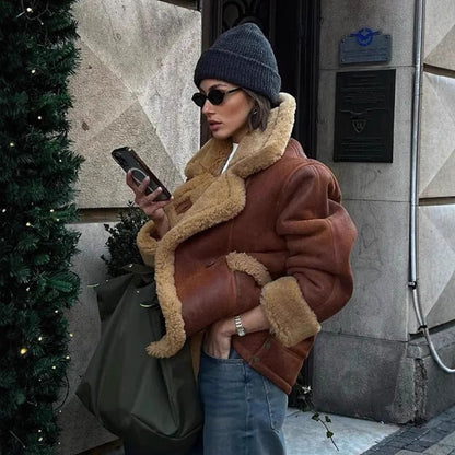 Vinterjacka Dam Shearling Stor Krage Mjuk Foder 3