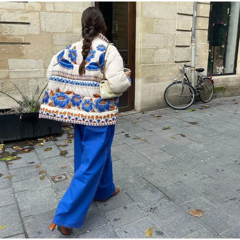 Kvinnor Quiltad Jacka Blommönster Hög Krage Lätt Tyg 4