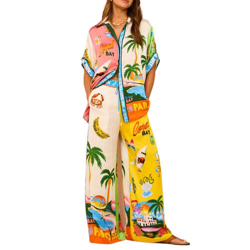 Dam Casual Set Tryckt Skjorta och Byxor Syntetisk Blandning-1