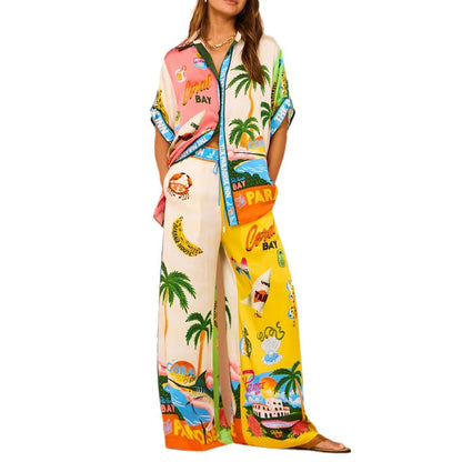 Variant image for Dam Casual Set Tryckt Skjorta och Byxor Syntetisk Blandning-1