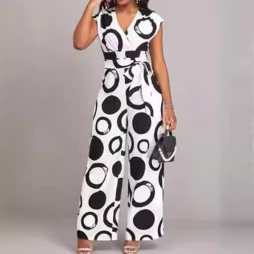 Dam Jumpsuit V-ringning Hög Midja Tryckt Polyester-2