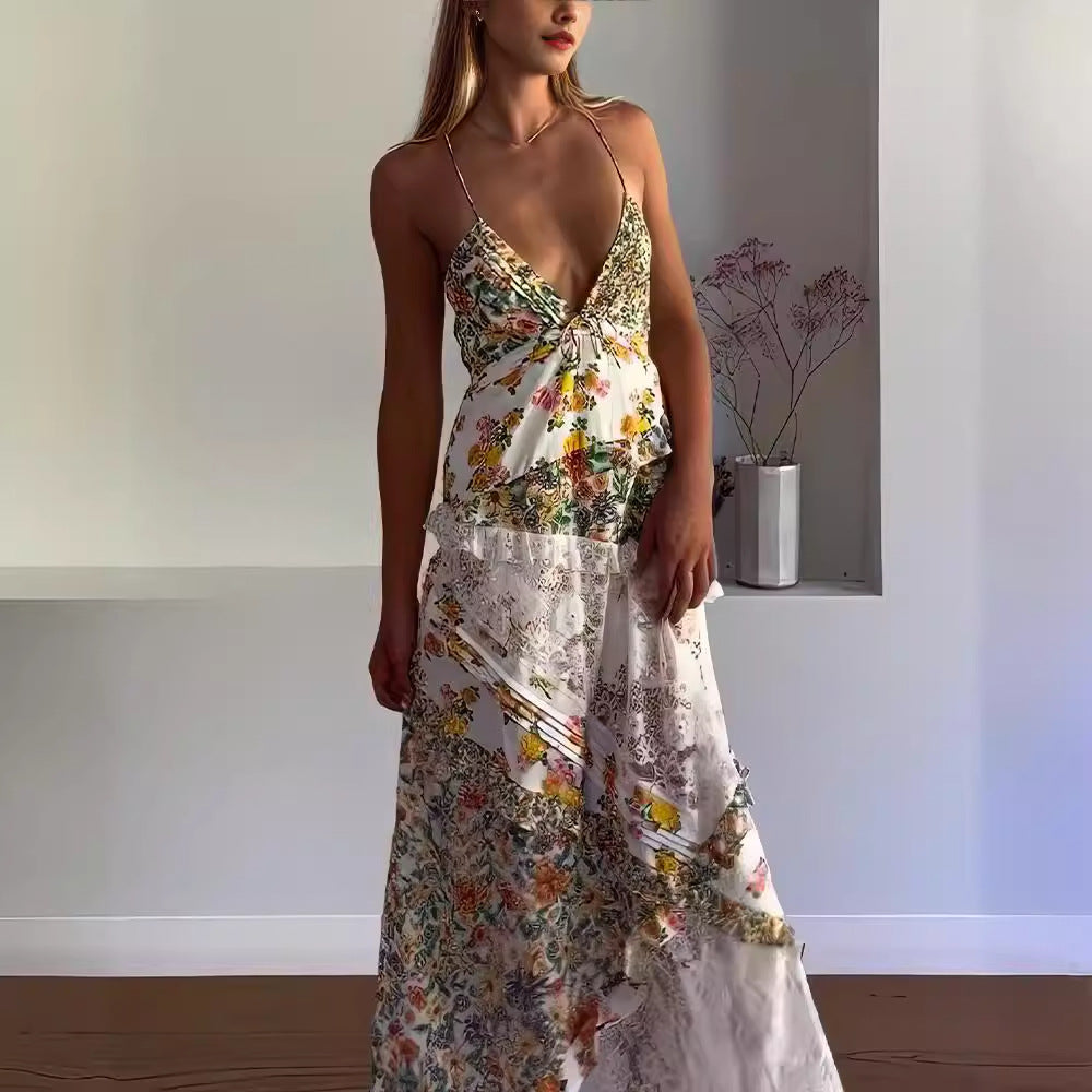 Kvinna Lång Klänning Blommig V-Hals Spandex Polyester 5