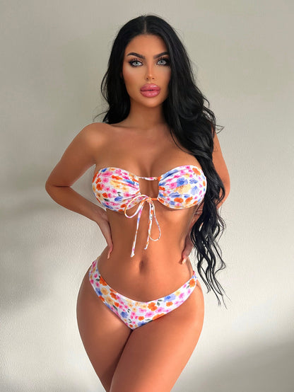 Dam Bikini Bandeau Blommig Design med Justerbara Sidoband-6