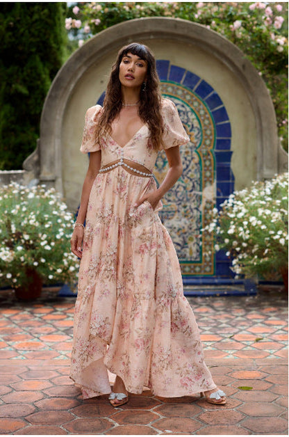 Dam V-ringad Klänning Tryckt Polyester med Slits-1