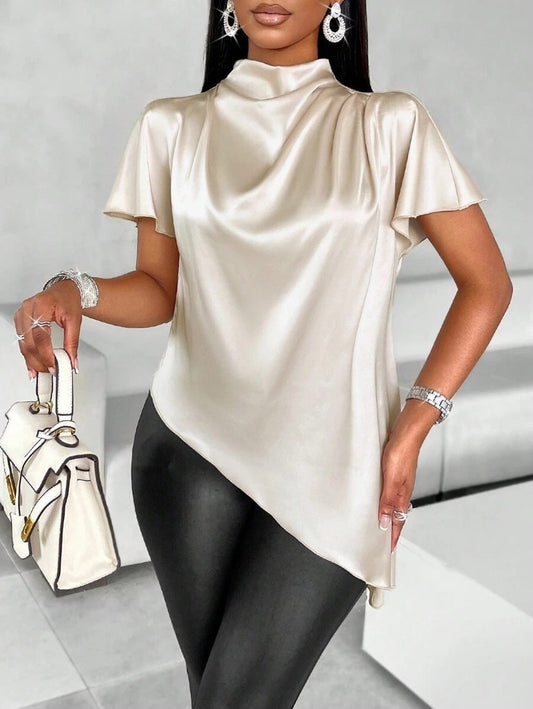 Dam Skjorta Asymmetrisk Satin Elegant Korta Ärmar-1
