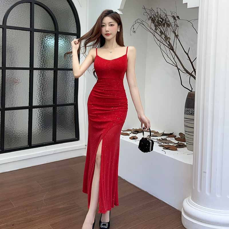 Fina Dam Klänningar Bodycon Spaghetti Bärare Polyester med Slits-2