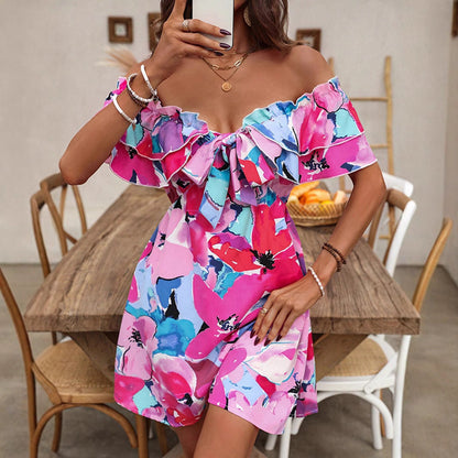 Kvinna Off-Shoulder Klänning Blommig A-Linje Fyra-Vägs Sträckt Tyg-5