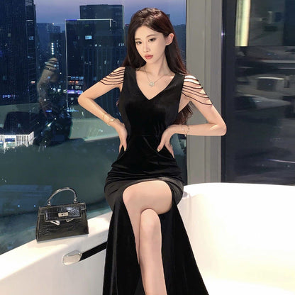 Fina Dam Klänningar Slim Fit Ärmlös V-Krage Polyester-4