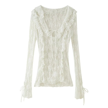 Dam V-hals Topp Långärmad Streetwear 100% Bomull-2