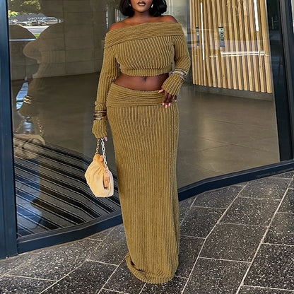 Kvinnors Axelfri Topp Figurkramande Kjol Elastisk Stickad Set-2