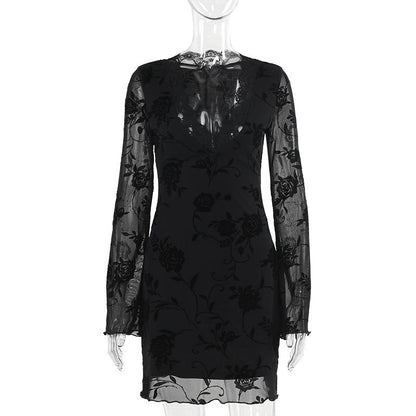 Blommig Toppklänning med Långa Ärmar och V-ringning – Elegant Spets och Polyester för Speciella Tillfällen 1