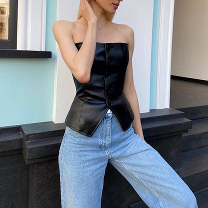 Festtoppar Dam Off Shoulder Topp i PU Material-3
