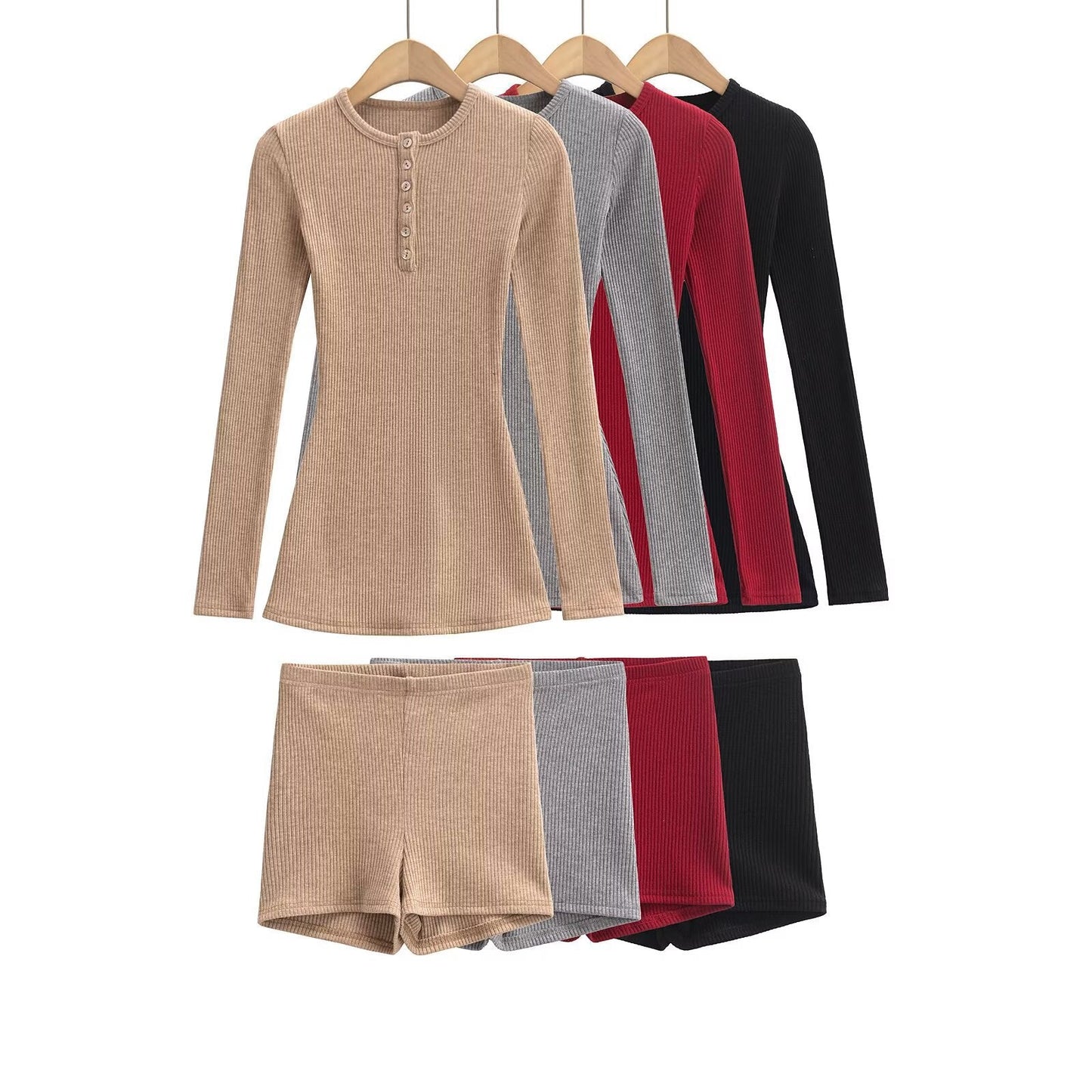 Kvinnors Loungewear Set Långärmad Blus och Shorts Mjuk Bomull 2