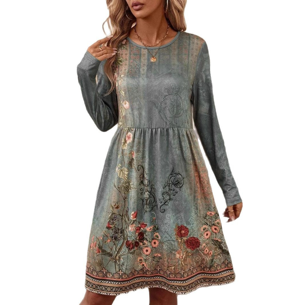 Kvinnor Midi Klänning Blommig Långärmad Polyester-6