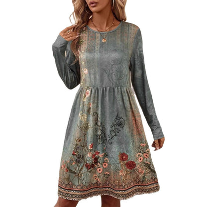 Kvinnor Midi Klänning Blommig Långärmad Polyester-6