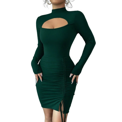 Midiklänning Dam med Utskuren Detalj och Hög Krage - Mjuk Stretchig Klänning med Långa Ärmar 6