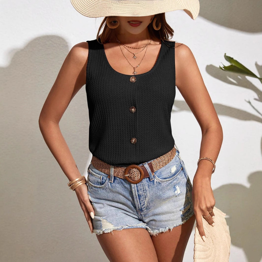 Dam Tröja U-hals med Knappdetaljer Polyester Spandex-2