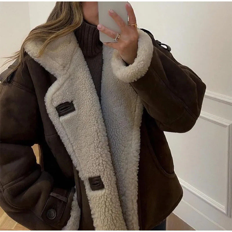 Vinterjacka Dam Shearling Stor Krage Mjuk Foder 8