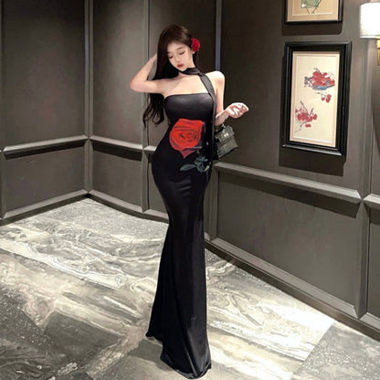 Dam Bodycon Klänning Fiskstjärt Rosblommor Polyester Elastan-2