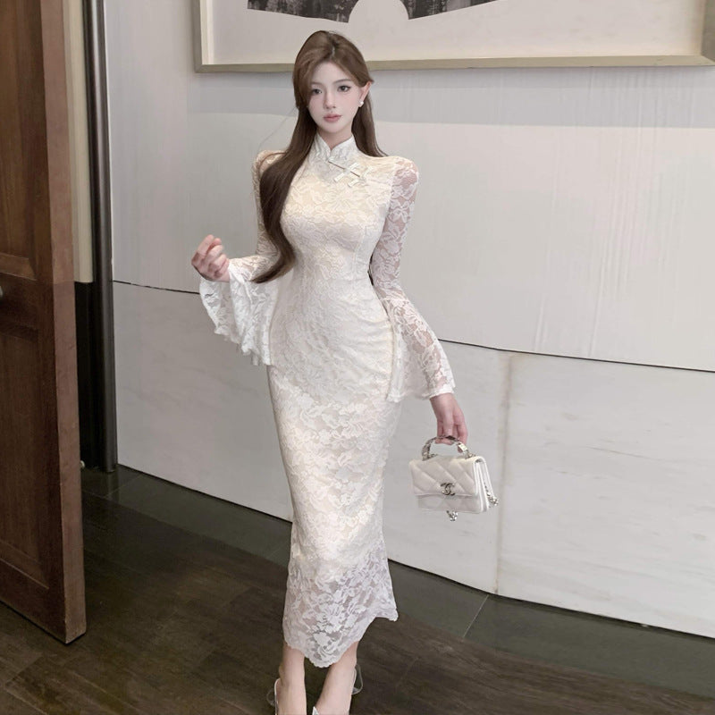 Kvinna Qipao Klänning Lång Ärmar Polyester Spandex-4